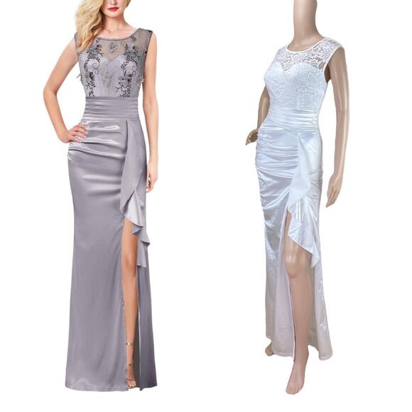 New Vfshow White Lace Pleated Ruched Ruffle High Slit Formal Prom Maxi Dress XS - Picture 1 of 10